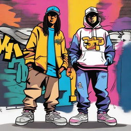 Two people dressed in rap style clothing in a cartoon