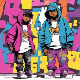 Two people dressed in rap style clothing in a cartoon