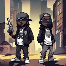 Two black cartoon characters with a gangster style, holding weapons