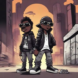 Two black cartoon characters with a gangster style, holding weapons