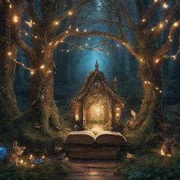 A visually enchanting storybook cover titled 'Whispers of the Enchanted Story' with magical elements like glowing fairy lights, intricate forest details and mystical creatures.