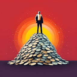 A logo featuring an anonymous man standing atop a pile of money, rendered in harmonious colors