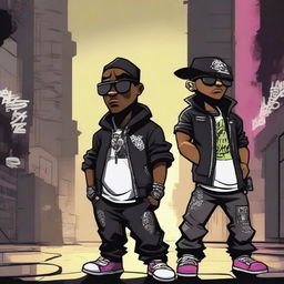 Two black cartoon characters with a gangster style, holding weapons