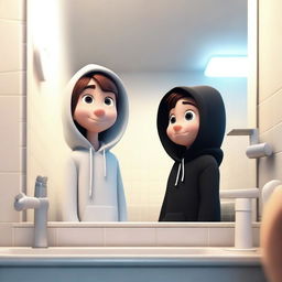 Create a Pixar-style image of a boy and a girl in front of a bathroom mirror