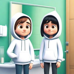 Create a Pixar-style image of a boy and a girl in front of a bathroom mirror