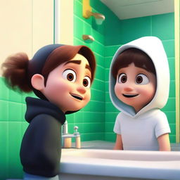 Create a Pixar-style image of a boy and a girl in front of a bathroom mirror