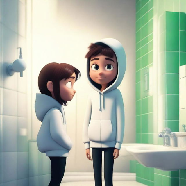 Create a Pixar-style image of a boy and a girl in front of a bathroom mirror