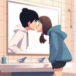 Create a Pixar-style image of a boy and a girl in front of a bathroom mirror kissing