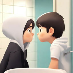 Create a Pixar-style image of a boy and a girl in front of a bathroom mirror kissing