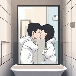 Create a Pixar-style image of a boy and a girl in front of a bathroom mirror kissing