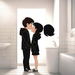 Create a Pixar-style image of a boy and a girl in front of a bathroom mirror kissing