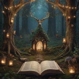 A visually enchanting storybook cover titled 'Whispers of the Enchanted Story' with magical elements like glowing fairy lights, intricate forest details and mystical creatures.