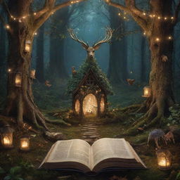 A visually enchanting storybook cover titled 'Whispers of the Enchanted Story' with magical elements like glowing fairy lights, intricate forest details and mystical creatures.