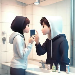 Create a Pixar-style image of a boy and a girl in front of a bathroom mirror kissing and taking a selfie with a mobile phone