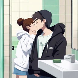 Create a Pixar-style image of a boy and a girl in front of a bathroom mirror kissing and taking a selfie with a mobile phone