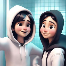 Create a Pixar-style image of a boy and a girl in front of a bathroom mirror kissing and taking a selfie with a mobile phone