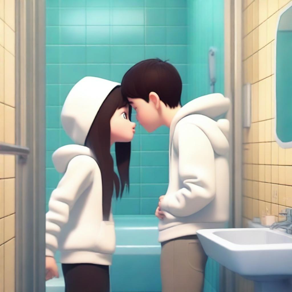 Create a Pixar-style image of a boy and a girl in front of a bathroom mirror kissing and taking a selfie with a mobile phone