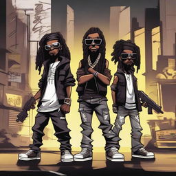 Two black cartoon characters with a gangster style, one with dreadlocks, holding weapons