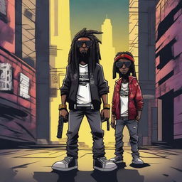 Two black cartoon characters with a gangster style, one with dreadlocks, holding weapons