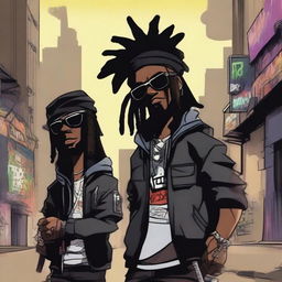 Two black cartoon characters with a gangster style, one with dreadlocks, holding weapons