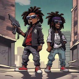 Two black cartoon characters with a gangster style, one with dreadlocks, holding weapons