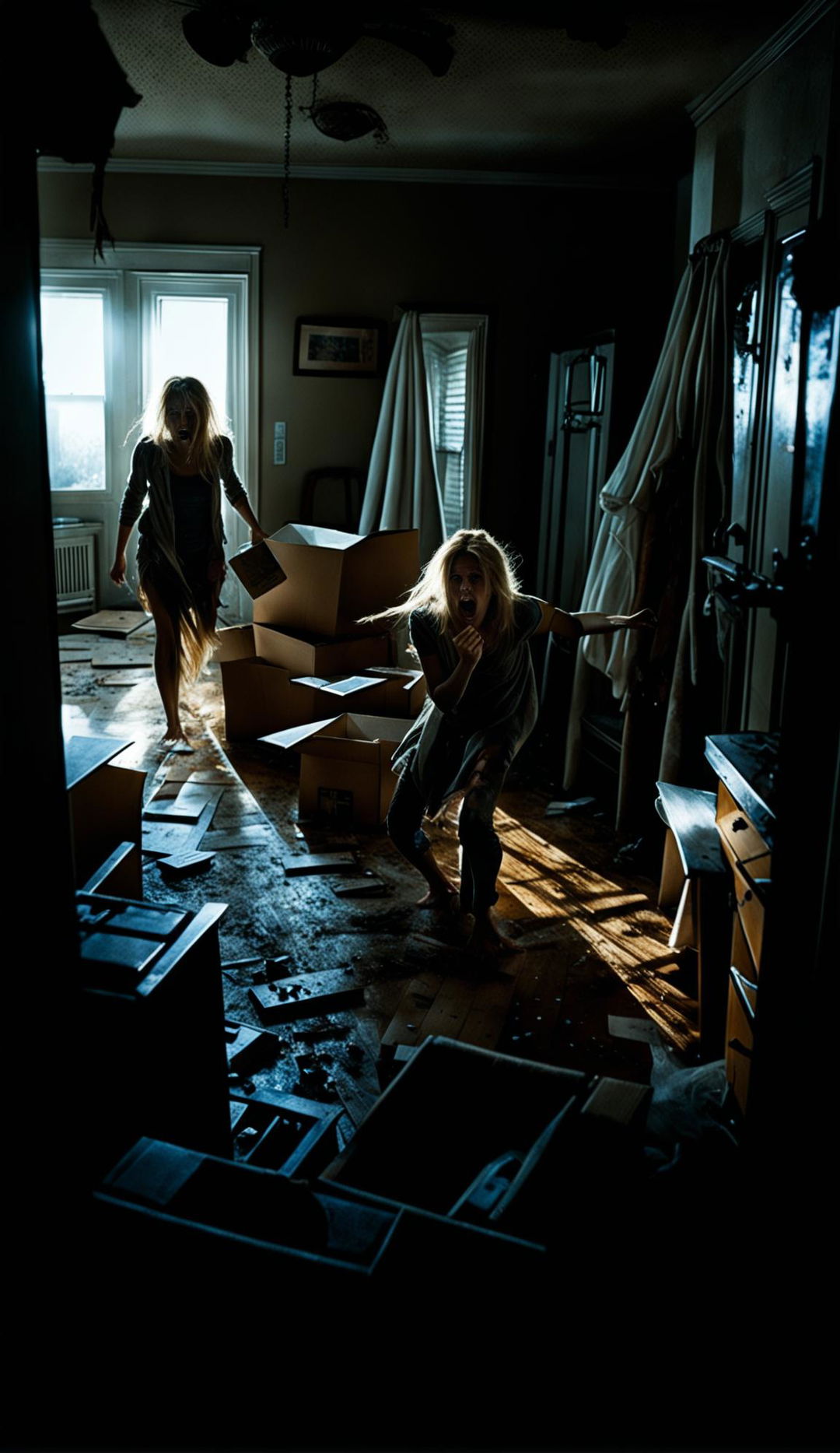 A panicked blonde woman frantically packing and cleaning her sold home under severe time constraints. The scene is dramatically lit like a horror film, creating an atmosphere of despair.