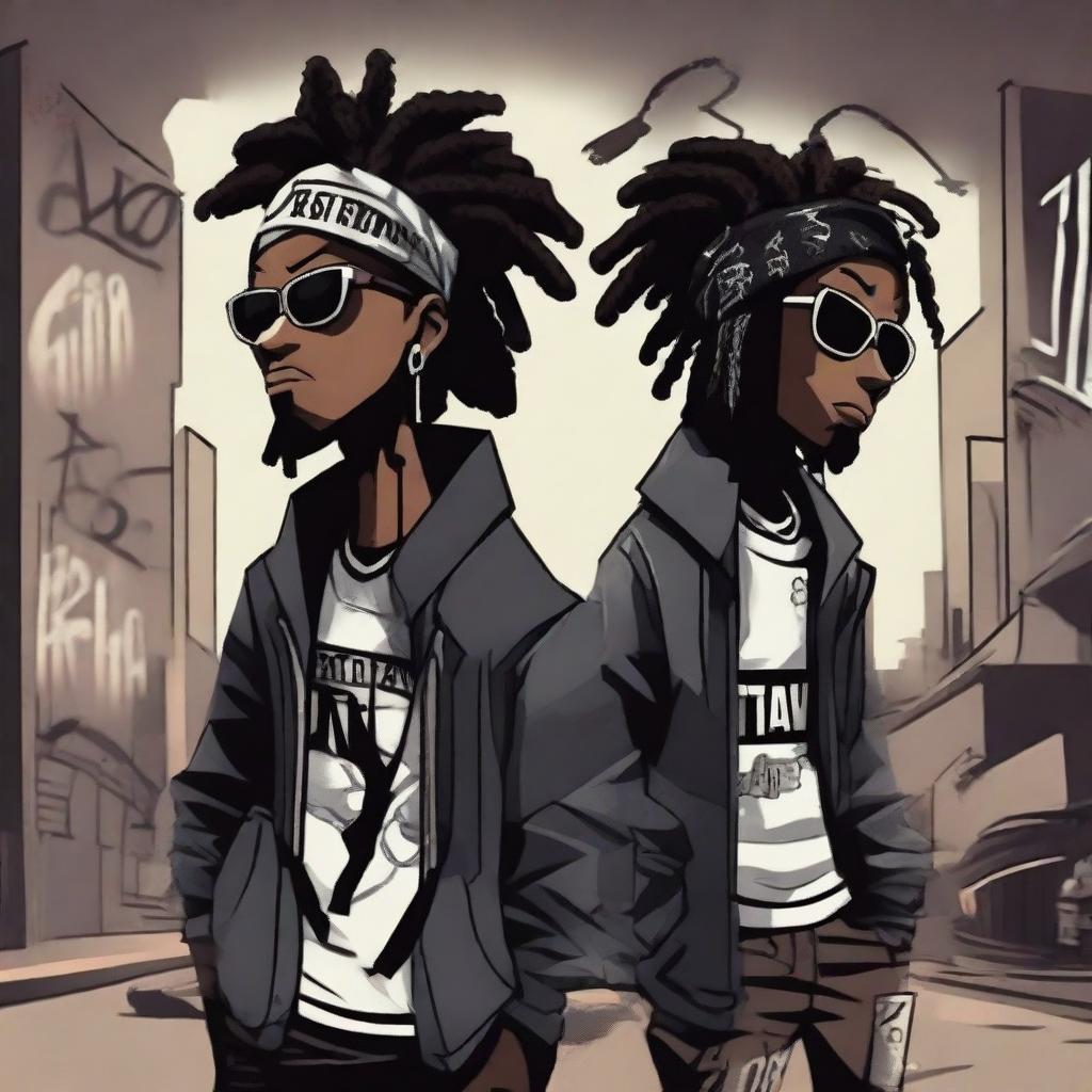 Two black cartoon characters with a gangster style, one with dreadlocks, holding weapons