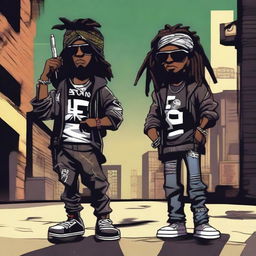 Two black cartoon characters with a gangster style, one with dreadlocks, holding weapons