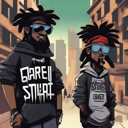 Two black cartoon characters with a gangster style, one with dreadlocks, holding weapons