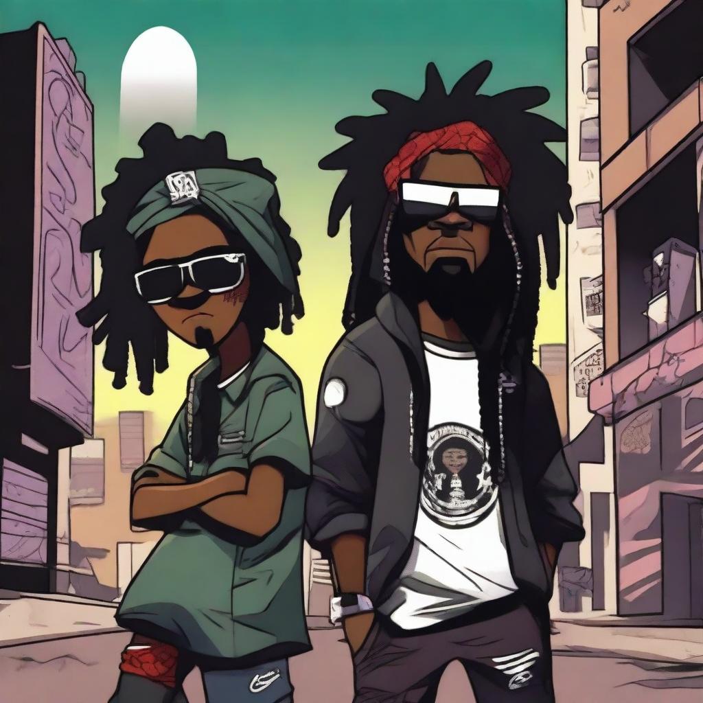 Two black cartoon characters with a gangster style, one with dreadlocks, holding weapons