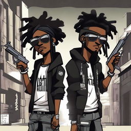 Two black cartoon characters with a gangster style, one with dreadlocks, holding weapons