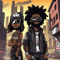 Two black cartoon characters with a gangster style, one with dreadlocks, holding weapons