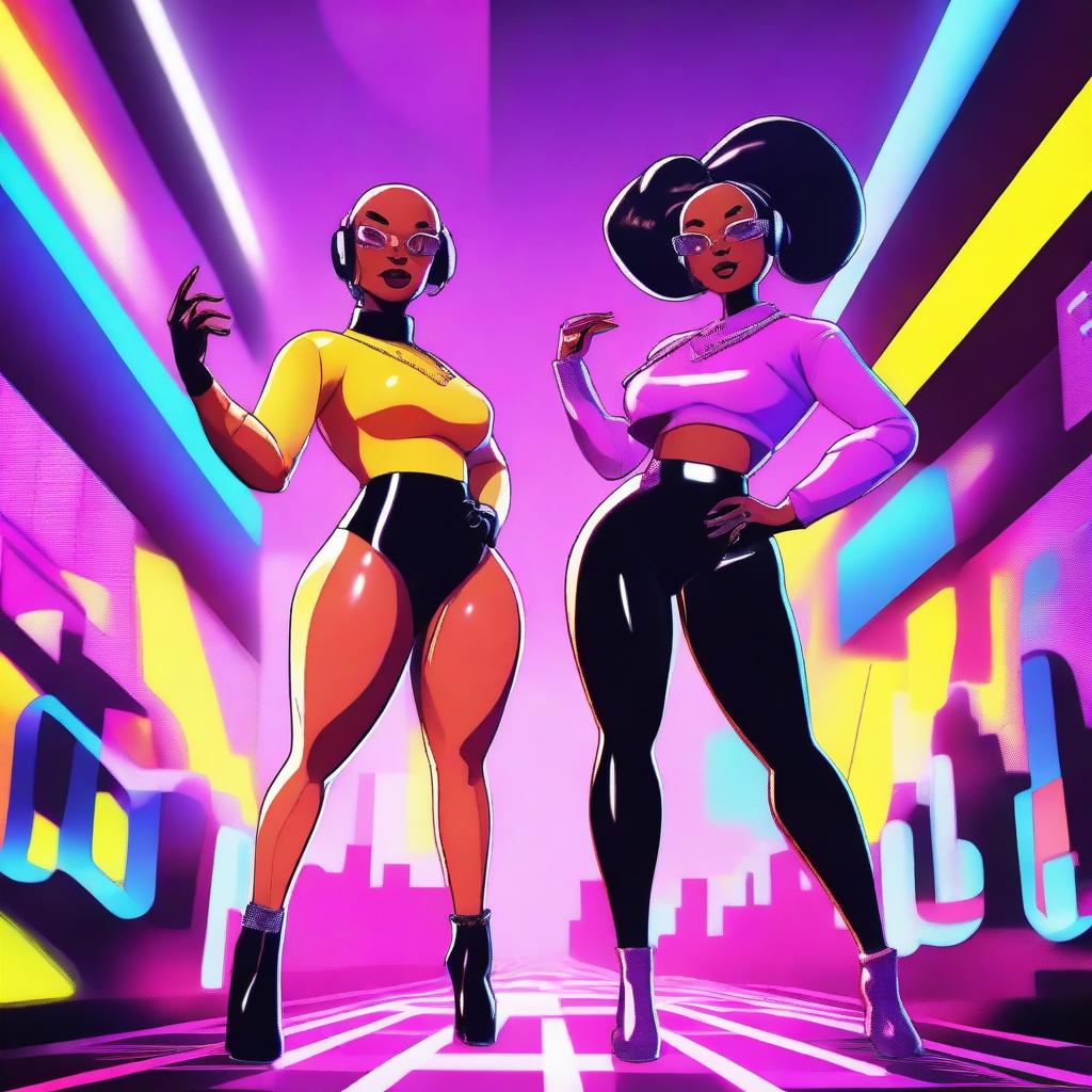 Two black cartoon characters, one being a bald woman, both with an electronic and party vibe