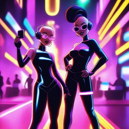 Two black cartoon characters, one being a bald woman, both with an electronic and party vibe