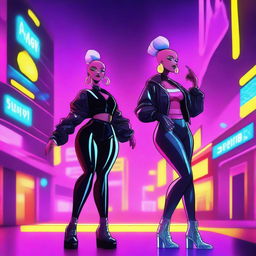 Two black cartoon characters, one being a bald woman, both with an electronic and party vibe