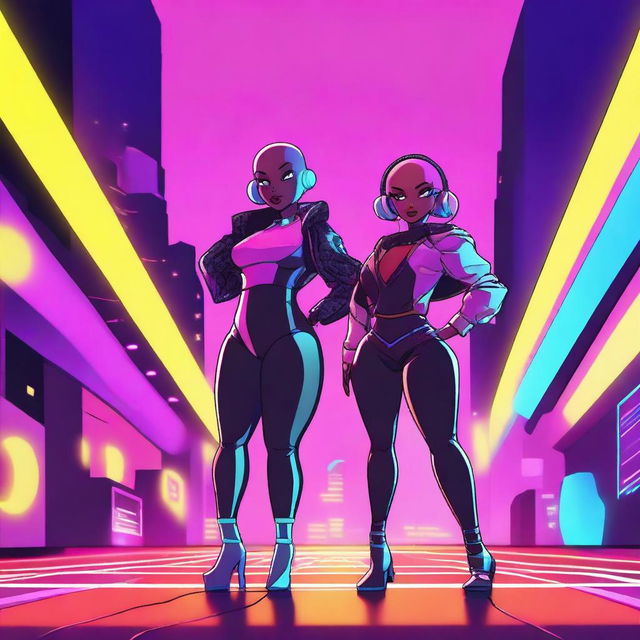 Two black cartoon characters, one being a bald woman, both with an electronic and party vibe