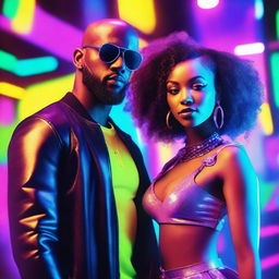 A bald black woman and a black man with curly hair, both with an electronic and party vibe