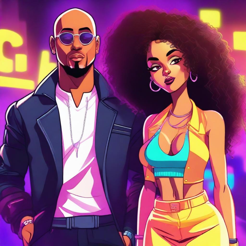 A light-skinned bald black woman and a light-skinned black man with curly hair, both in a cartoon style with an electronic, rap, gangster, and party vibe