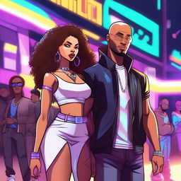 A light-skinned bald black woman and a light-skinned black man with curly hair, both in a cartoon style with an electronic, rap, gangster, and party vibe