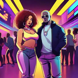 A light-skinned bald black woman and a light-skinned black man with curly hair, both in a cartoon style with an electronic, rap, gangster, and party vibe