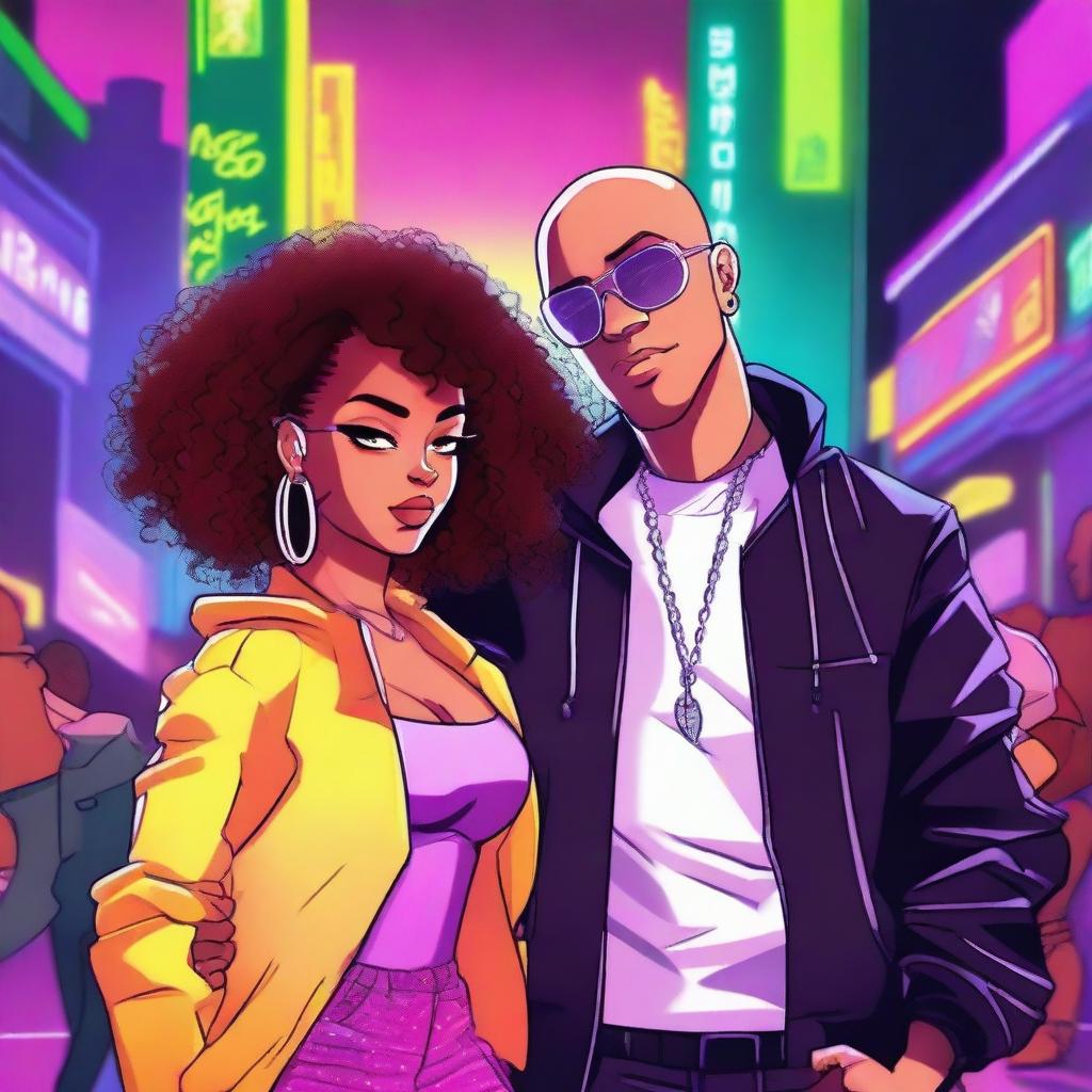 A light-skinned bald black woman and a light-skinned black man with curly hair, both in a cartoon style with an electronic, rap, gangster, and party vibe