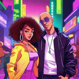 A light-skinned bald black woman and a light-skinned black man with curly hair, both in a cartoon style with an electronic, rap, gangster, and party vibe