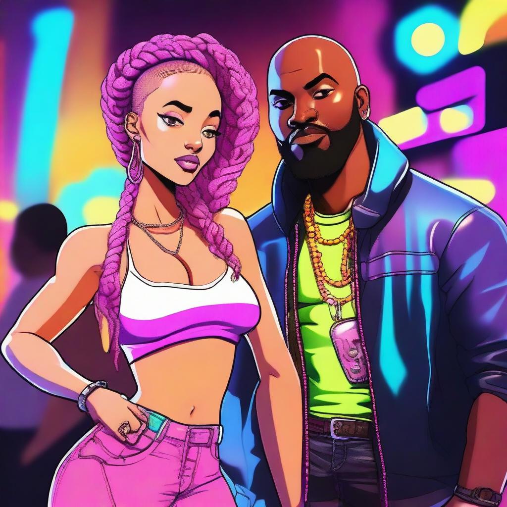 A light-skinned black woman with no hair and a light-skinned black man with braided hair, both in a cartoon style with an electronic, rap, gangster, and party vibe