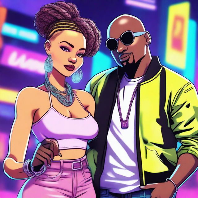 A light-skinned black woman with no hair and a light-skinned black man with braided hair, both in a cartoon style with an electronic, rap, gangster, and party vibe