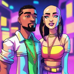 A light-skinned black woman with no hair and a light-skinned black man with braided hair, both in a cartoon style with an electronic, rap, gangster, and party vibe