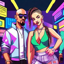 A light-skinned black woman with no hair and a light-skinned black man with braided hair, both in a cartoon style with an electronic, rap, gangster, and party vibe