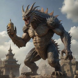 A monstrous creature towering over an ancient kingdom, intricately detailed, holding bottle-shaped objects in its massive claws.