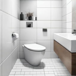 A clean, modern toilet with a sleek design, placed in a well-lit bathroom with white tiles and minimalistic decor