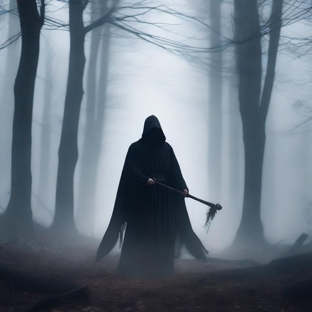 The Grim Reaper standing in a dark, misty forest