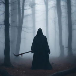 The Grim Reaper standing in a dark, misty forest